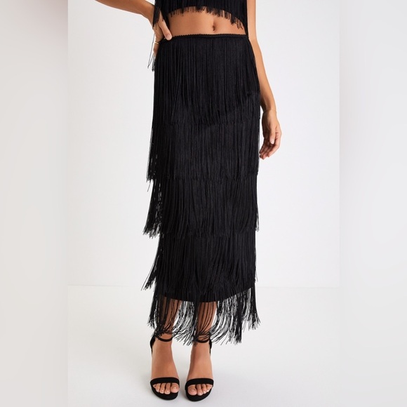 NWT Lulu’s Remarkable Aura Black Fringe Strapless Two-Piece Midi Dress Medium - Picture 4 of 7